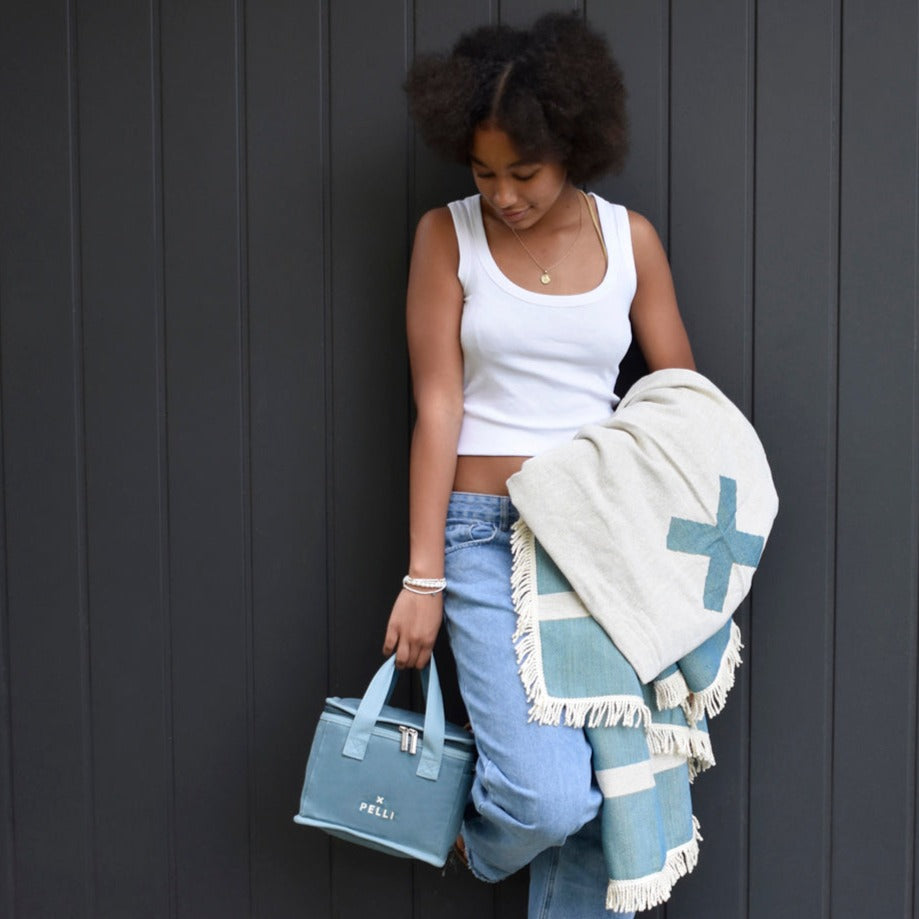 SECONDS Lunch Squared Waxed Canvas Square Lunch Bag - Dusty Blue