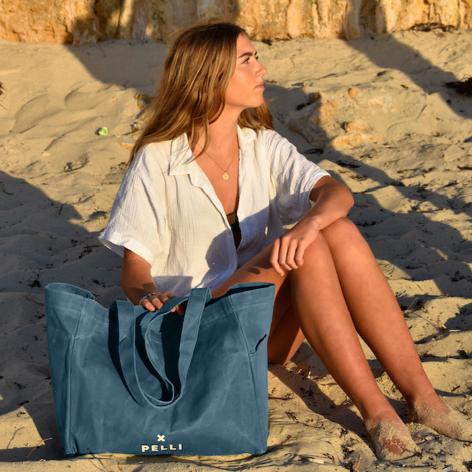 Waxed Canvas Tote Bag in Dusty Blue