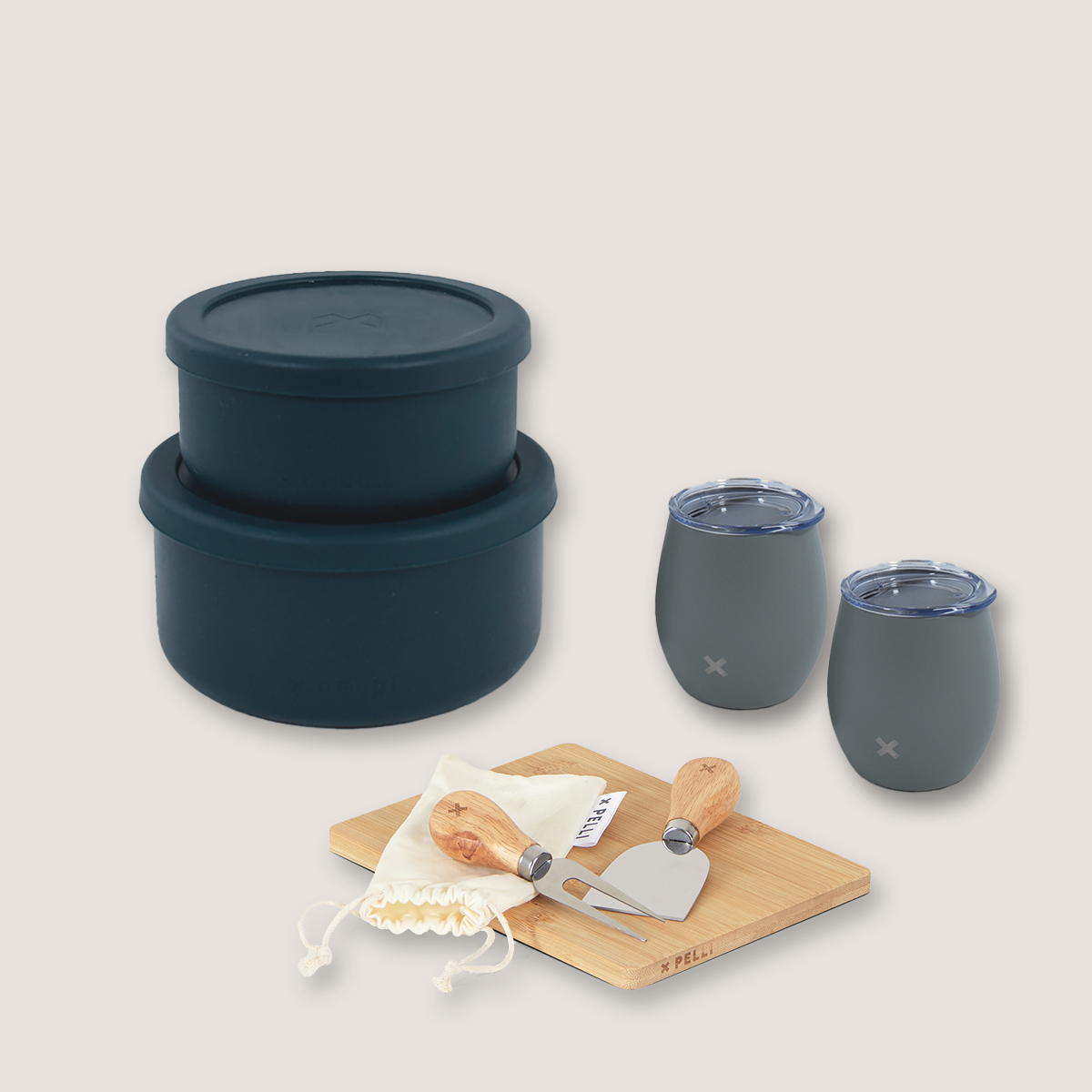 Silicone Bento, Board, Knife and Storm Blue Tumbler Set