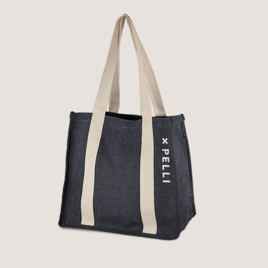 Load image into Gallery viewer, woven shopping bag in charcoal colour and cream straps
